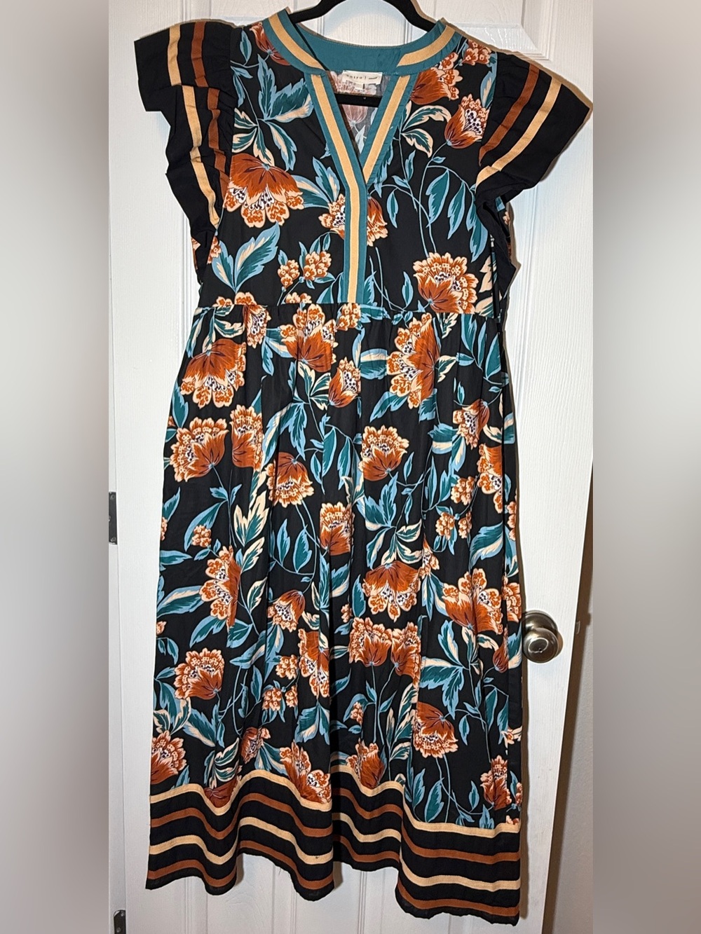 Entro - Floral V-Neck Midi Dress in Black with Teal & Rust Accents